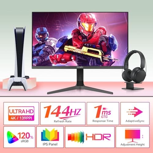 CUNPU 32 Inch 4k Gaming Monitor, 144Hz UHD Fast IPS Panel, 1ms GTG, sRGB 120%,10 Bit, Gsync & FreeSync, Support Xbox PS5 4k 120Hz VRR ALLM, HDMI 2.1,DP 1.4, Height/Vertical Adjustment 2