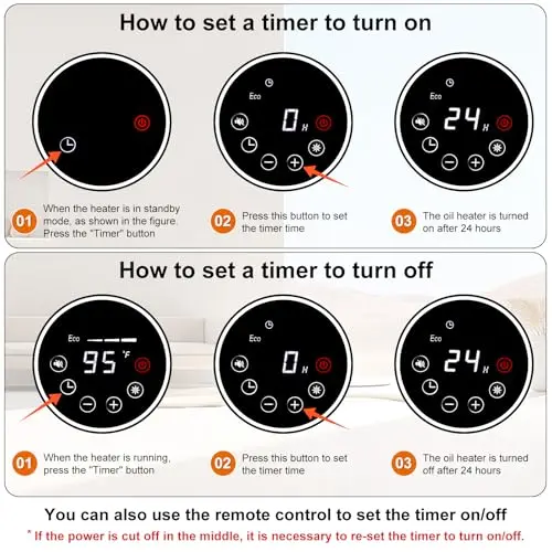 hykolity Electric Oil Filled Radiator, 1500W Portable Full Room Radiant Space Heater with Adjustable Thermostat, Remote, Led Display, Child Lock, Overheat & Tip-Over Protection, 24H Timer, Grey 9