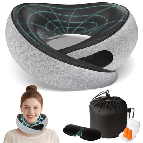 FIOGIKO Travel Neck Pillows for Airplanes - 360° Ergonomic Memory Foam Travel Pillow - Relief Neck Pain with Breathable Support for Long Flights, Car, Train & Office Use - Adults & Kids (Light Gray)