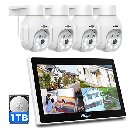Hiseeu Wireless Security Camera System, 4PCS 5MP Outdoor Camera with 10in LCD 1T HDD, 2-Way Audio, PTZ, Color Night Vision, Motion Alert, IP66 Waterproof, Auto Tracking, 2.4G WiFi, No Monthly Fee