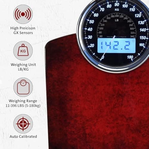 EILISON Highly Advance 2-in-1 Digital & Analog Weighing Scale for Body Weight-400lbs, 4 High Precison GX Sensor Accurate, Thick Tempered Glass, Extra Large Display (Red) 5