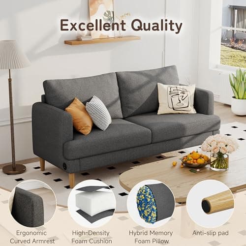 Loveseat Sofa Couch for Living Room with USB Type C Ports – 70" Small Dark Gray Upholstered Couches for Bedroom, Office or Apartment–Modern 2-Seater Deep Seating with Soft Cushions & Sturdy Frame 5