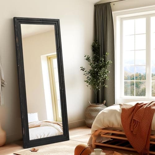 ABSWHLM Full Length Mirror 58"x22" Solid Wood Frame Floor Large Mirror for Living Room, Bedroom Hanging or Leaning Wall-Mounted, Black 5