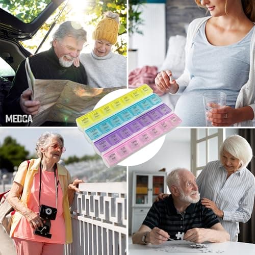 Weekly Pill Organizer - 4-Times-a-Day Pill Planner Pill Box Separates Pills & Vitamins with Daily Morning, Noon, Evening & Night Compartments, Travel Medication Reminder Monday to Sunday 9