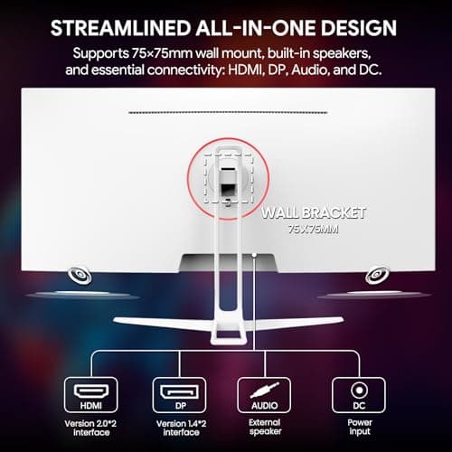 CRUA 34'' White Gaming Monitor, 165HZ/144HZ, WQHD(3440x1440P) IPS UltraWide Screen Computer Monitors with Built-in Speakers, Supports FreeSync, 120% sRGB, HDMI 2.0 & DP 1.4, Wall Mountable Installs 6