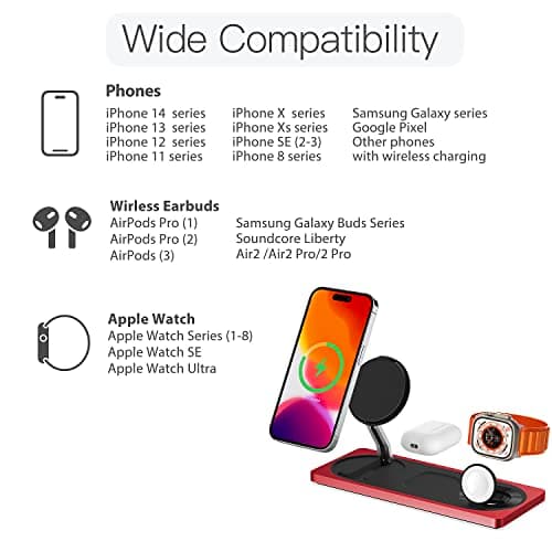 3-in-1 Charging Station for Apple Devices: Used for iPhone and Watch Charging Station with Magsafe Charger Stand, Wireless Charger for iPhone 17 Air 16 15 14 13 Series, Apple Watch Ultra, AirPods Pro 6