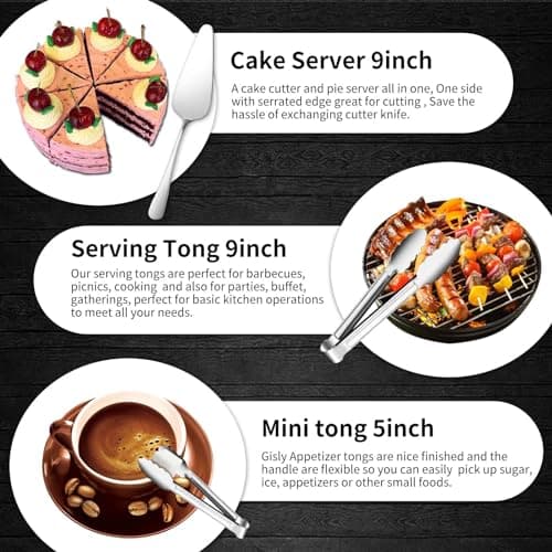 Gisly 12-Piece Serving Set - Large Spoons, Forks, Tongs, Ladle, Cake Server & Appetizer Tongs for Buffet Catering, Dishwasher Safe 5