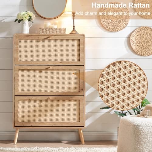 Anewome Rattan Shoe Cabinet, Slim Shoe Storage Cabinet for Entryway, 9.5" Narrow Flip Down Shoe Rack with 3 Drawers & Curved Corners, Freestanding Hidden Shoe Organizer, Natural Boho Style 6