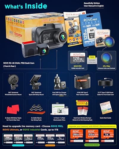 ROVE R2-4K Dual PRO Dash Cam Front and Rear, True 4K+2K Dash Camera for Cars, STARVIS 2 IMX678 + IMX675 Sensors, Free 128GB Card + CPL, WiFi 6 - up to 30MB/s Download Speed, 3" IPS, 24Hr Parking Mode 6