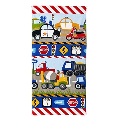 dream FACTORY Trains and Trucks Kids Bath Towel - 20" x 30" - 100% Cotton - Cars and Trucks Yellow Design