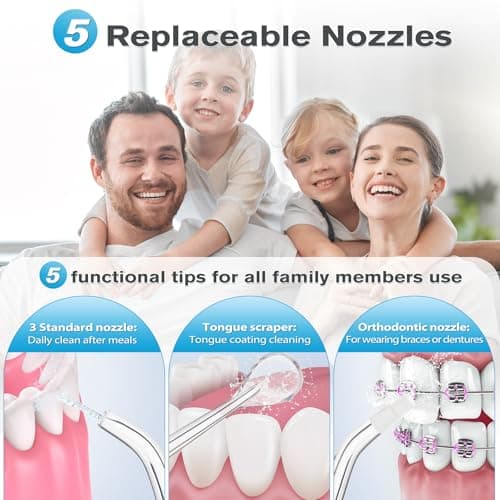 TOVENDOR Water Dental Flosser, Rechargeable Dental Oral Irrigator, 3 Modes, 5 Tips for Teeth Cleaning, Family Oral Health, Portable 300ML Large Water Tank Water Flosser, IPX7 Waterproof (White) 5