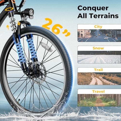 Jasion EB5 Electric Bike for Adults with Peak 1000W Brushless Motor, 40Miles 20MPH Commuting Electric Mountain Bike with 360Wh Removable Battery, 7-Speed, 26" Tires and Front Fork Suspension 6