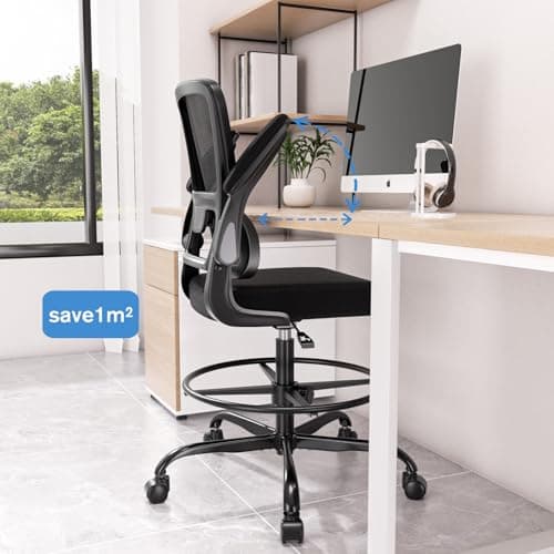 Ergonomic Drafting Chair with Footrest,Tall Office Chair for Standing Desk with Flip-up Armrests with Breathable Comfy Mesh Support and Adjustable Foot Rest Ring(Black) 6