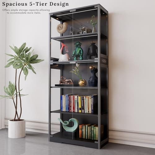 IUXPAM Display Cabinet with Glass Doors, 5-Tier 65" Glass Display Cabinet with LED 3-Color Lights & Human Body Sensor, Curio Cabinet with Textured Wood Shelves for Collectibles(Black Iron Frame 5