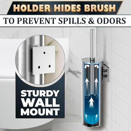 Silver Modern Toilet Brush and Holder Set with Wall Mount - Stainless Steel Toilet Brush with Holder - Removable Inner Bowl, Shiny Design, Splash Protection & Dense Bristles for Bathroom Cleaning 5
