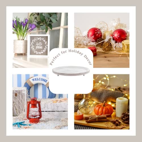 FESTWIND Wooden Tray,Oval Decorative Tray for Coffee Table Kitchen Dinning Table Entryway, Small Beaded Tray for Holidays, Farmhouse Centerpiece Decor Weathered White 7