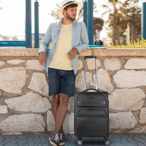 KROSER Softside Expandable Carry On Luggage with Front Business Pockets，20 Inch Suitcases with Spinner Wheels & Built-in TSA Lock, Durable Suitcase Rolling Luggage with USB Port, Black 7