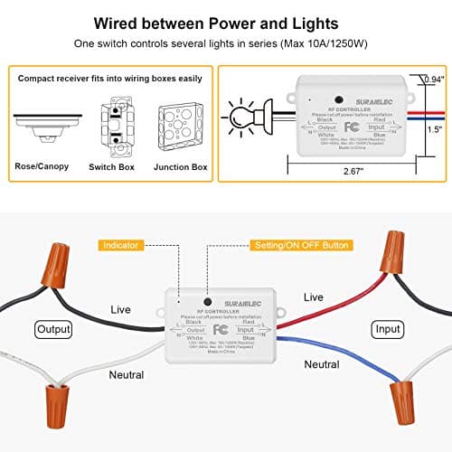 Suraielec 3 Way Wireless Light Switch, No Wiring, No WiFi, 100ft RF Range, Pre-Programmed, Expandable Wireless Wall Switch and Receiver Kit, Remote Control Light Fixture for Lamp, Ceiling Light, Fan 5