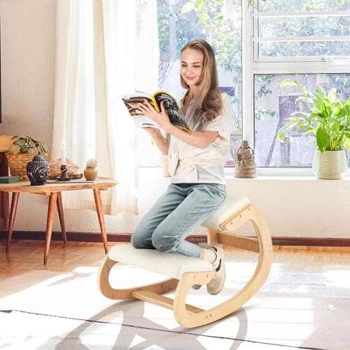 Giantex Ergonomic Kneeling Desk Chair, Rocking Knee Chair with Cushion & Solid Wood Frame, Natural Relief for Neck or Back Pain, Posture Chair for Desk, Home, Office, Max Load 330 Lbs (Beige)