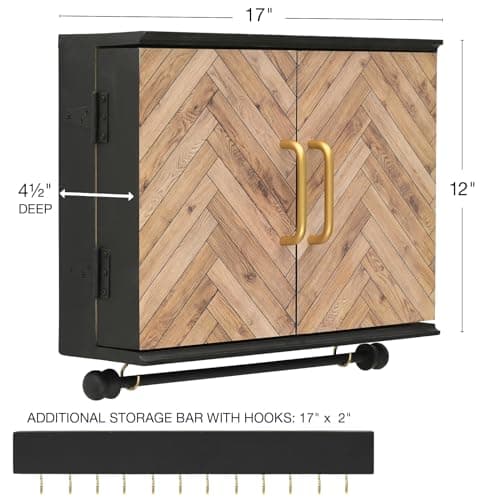 Wall Mounted Jewelry Organizer with Herringbone Wood Pattern. Jewelry holder for Necklaces, Earings, Bracelets, Ring Holder, and Accessories. Includes hooks for hanging jewelry - Black & Brown 7