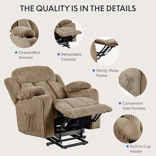 FLEXISPOT XL31 Power Lift Recliner Chair for Elderly, Electric Lift Chair with Massage & Heat, Corduroy Reclining Sofa w/Cup Holders, Side Pockets for Living Room Bedroom(Medium Size,Khaki) 5