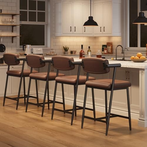 IDEALHOUSE Bar Stools Set of 4 with Armrests, Counter Height Bar Stools Set with Footrest & Soft Back, Metal Barstools Set with Wide Upholstered Seat for Kitchen Islands, Counter Bars, Rustic Brown