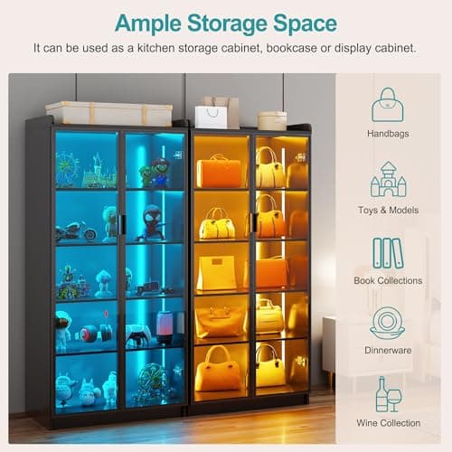 Lvifur 5 Tier Display Cabinet for Living Room, LED Bookcase with Human Body Induction Lights, 65” Tall Curio Cabinets with Adjustable Shelves for Office (Black) 7