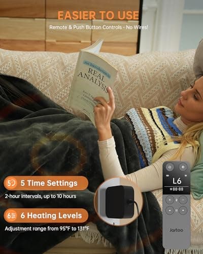 Jartoo Nano Heated Blanket Electric Throw, Portable Washable Heated Shawl Wraps - 24V Safe & Eco, 30s Far Infrared Heating, Cordless Remote with 6 Heating Levels & 5 Time Settings (50"x60", Grey) 5