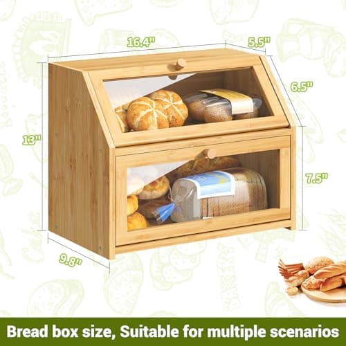 BMOSU Farmhouse Bread Box for Kitchen Countertop Bread box Double Layer Bamboo Wooden Extra Large Capacity Bin Kitchen Food Storage Container(Natural) 7