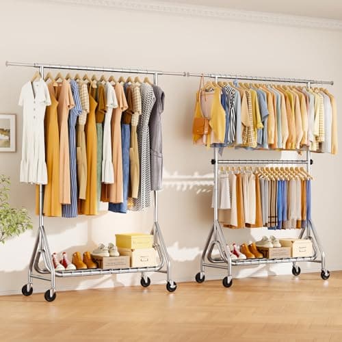 JIEJIERUI Heavy Duty Clothes Rack for Hanging Clothes, Double Rods Clothing Rack with Lockable Wheels, Rolling Garment Racks with Shelf, Easy to Assemble, Silver 7