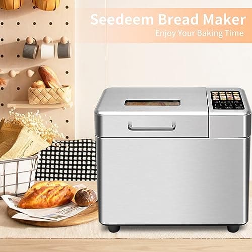 SEEDEEM 16 in 1 Bread Machine, 2.2LB Stainless Steel Bread Maker with Fruit and Nut Dispenser, Nonstick Ceramic Pan, 3 Crust Colors, 3 Loaf Sizes & Touch Panel Recipes, Silver 8