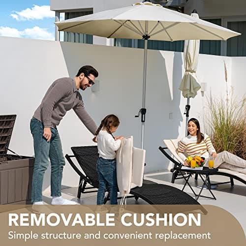 Devoko Patio Chaise Lounge Sets Outdoor Rattan Adjustable Back 3 Pieces Cushioned Patio Folding Chaise Lounge with Folding Table (Beige) 8