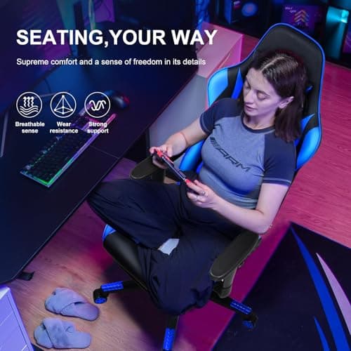GTPLAYER Gaming Chair with Footrest, Ergonomic Computer Game Desk Chair, Reclining Game Chair Seat Height Adjustment, Swivel Rocker with Headrest and Lumbar (Blue) 3