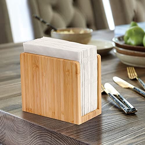 MaxGear Bamboo Napkin Holder for Tables, Wooden Freestanding Tabletop Tissue Dispenser for Kitchen, Dining Room, Party, Outdoor, Holds 5.5x5.5 or Larger Napkins for Home, Restaurant, Hotel, 1 Pack 8