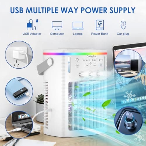 Portable Air Conditioners, 4-in-1 Portable Air Cooling Fan with 1000mL Tank, 3 Speeds & Remote - 2-8H Timer, 7-Color LED - Mini Evaporative AC Unit for Camping, Office, Bedroom, Car 6