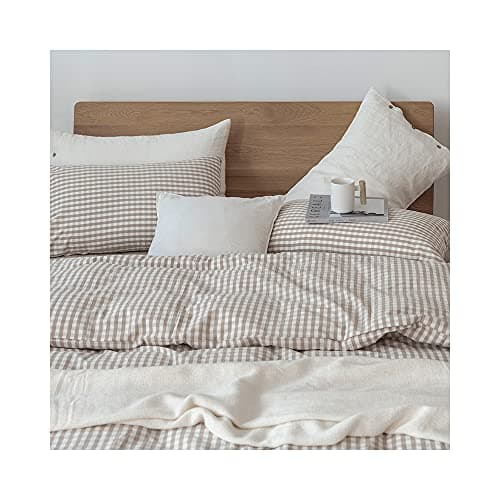F.Y.Dreams 100% Washed Cotton Duvet Cover for Weighted Blanket 60x80 inches with 16 Ties, Zipper on Long Side/Khaki and White Grid/Just Duvet Cover 7