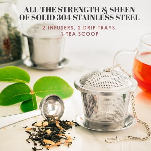 Tea Infuser (Set of 2) with Tea Scoop and Drip Dray - Ultra Fine Tea Strainer for Loose Leaf Tea - Stainless Steel Tea Steeper for a Superior Brewing Experience 8