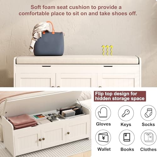 HOMEFORT 41.3" Shoe Bench with Lift Top Storage, Entryway Bench with Cushioned Seat, Wooden End of Bed Bench, Shoe Cabinet Bench with Hidden Storage Space, for Bedroom, Hallway,White 5