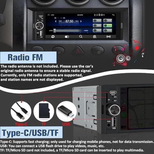 Pyniro Universal Single Din Car Stereo with Wireless CarPlay & Android Auto, 6.36 Inch IPS Touch Screen Head Unit with Backup Camera/External Microphone, Car Radio Supports Bluetooth/SWC/FM/USB/TF 7