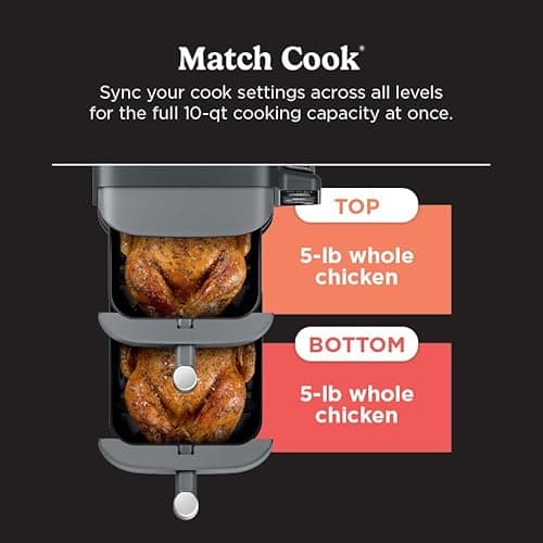 Ninja DoubleStack XL Smart Air Fryer, 2-Basket, 10 QT, 6-in-1, DoubleStack Technology Cooks 4 Foods at Once, Space Saving Design, Air Fry, Broil, Bake SL451 10