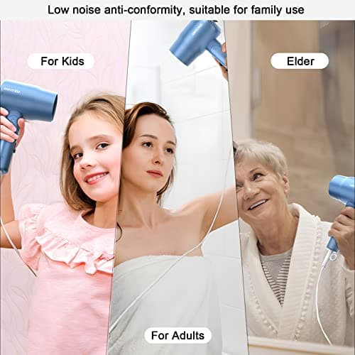 AIRYOMI Portable Travel Hair Dryer Dual Voltage, Lightweight Small Blow Dryer with EU Plug, 1875W Compact Hairdryer with Folding Handle, Concentrator Attachment Hair Dryer for Women Men (Blue) 7