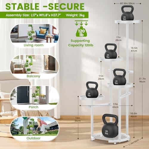 TOSKING 5-Tier Metal Plant Stand, Anti-Tip Round Base for Pots, Child & Pet Friendly, Space Saving Corner Shelf Flower Pot for Indoor Outdoor Use, Living Room Balcony Patio Garden (White, 38in) 4