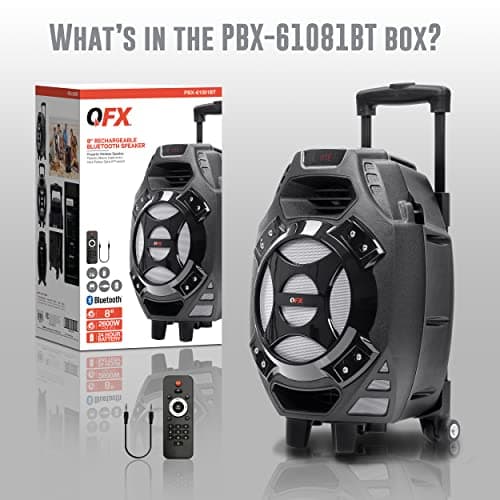 QFX PBX-61081 Rechargeable Portable Speaker | 8" Woofer | 400 Watts | Bluetooth, AUX, SD Card, FM Radio | Handle, Wheels, 12 Lbs | Perfect for Tailgating, Indoors, Outdoors Audio | Silver 5