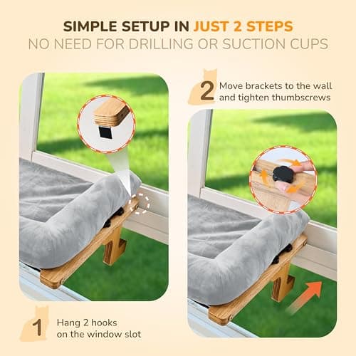 [Ready to Gift] PURRHOUSE Cat Window Perch with Cushion Bolster and Cool Pad, Cat Hammocks for Windows with Wood & Robust Metal Frame for Large Cats, Beds for Windowsill, Bedside and Cabinet,24''W 8