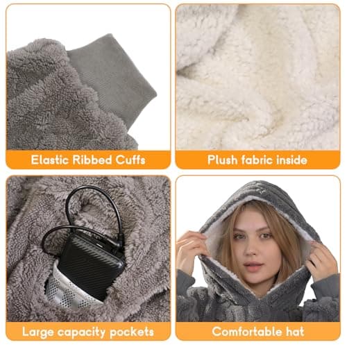 Dowin Heated Wearable Blanket Battery Powered, Come with 5000mAh Portable Rechargeable Charger, USB Fannel Sherpa Oversized Hoodie Sweatshirt, Machine Washable, Grey 5