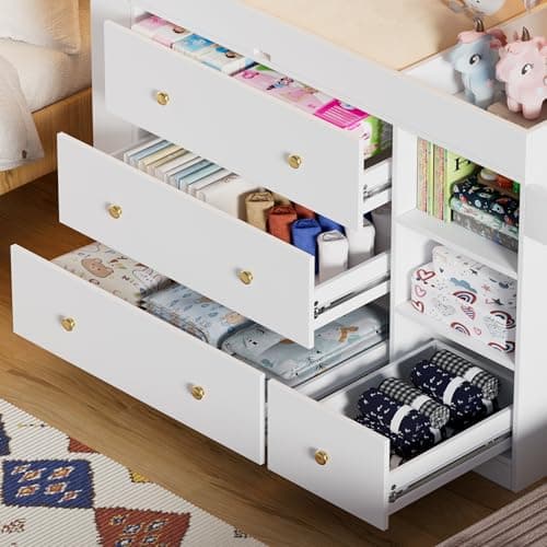 CASANOOKK Modern Changing Table Dresser,Baby Dressing Table with 4 Drawers and Storage Shelves,Multi-Functional Baby Changing Table with Drying Rack for Nursery, White 9