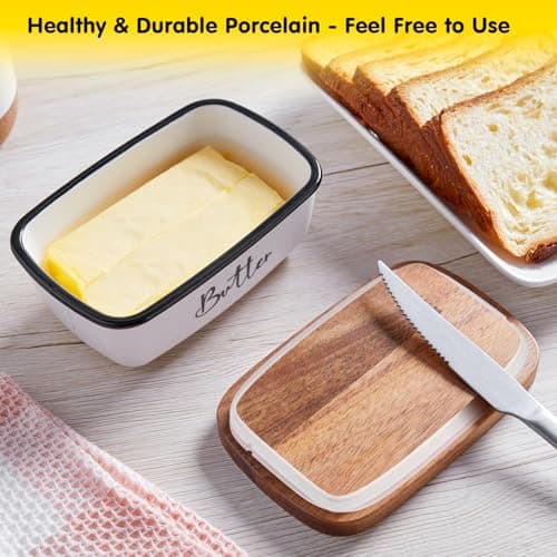 Butter Dish with Lid, ALELION Large Ceramic Butter Dish for Countertop, Butter Keeper with Thick Acacia Wood Lid, Kitchen Decor and Accessories for Kitchen Gifts, White 5