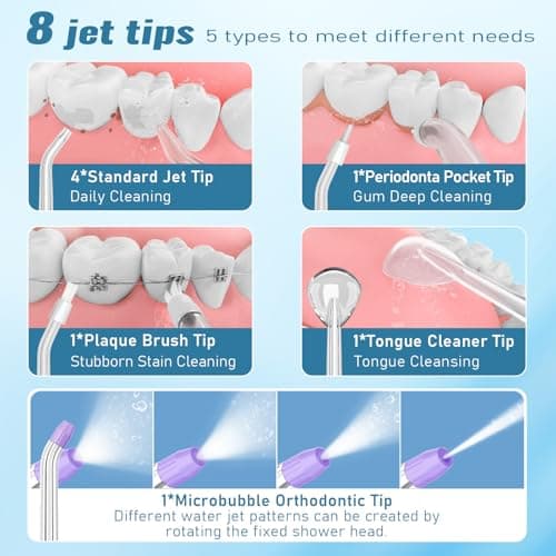 AUIEI Water Flosser Pick for Teeth & Braces, 300ML Cordless Power Dental Flossers with 8 Jet Tips, Oral Irrigator 5 Pressure, IPX7 Waterproof, Portable for Home Travel 5