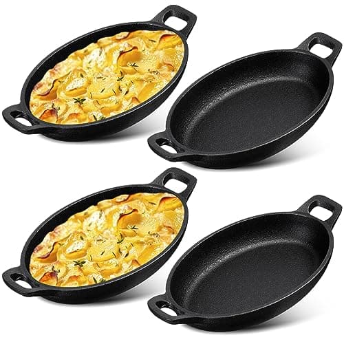 Mifoci 4 Pcs Oval Serving Dish Mini Cast Iron Skillet Cast Iron Baking Pan Sizzling Plate Matte Black Gratin Cookware for Home Restaurant Kitchen Food Service Barbecue (7.1" X 4.7")