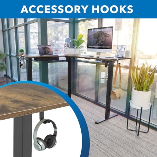 Mount-It! L Shaped Standing Desk 63" - Large Electric Corner Standing Desk, Height Adjustable Dual Motor Raises from 28.3" to 46.5", 3 Memory Settings, Black Steel Frame, Rustic Wood Tabletop 9
